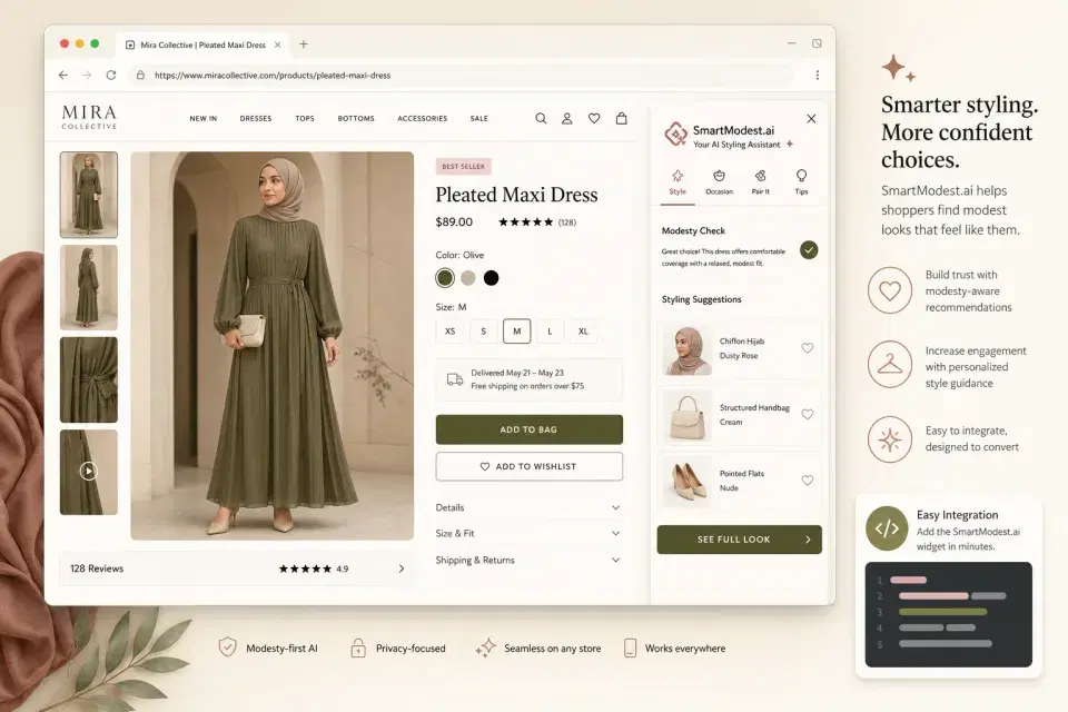 Original SmartModest.ai widget embedded in a fashion product page