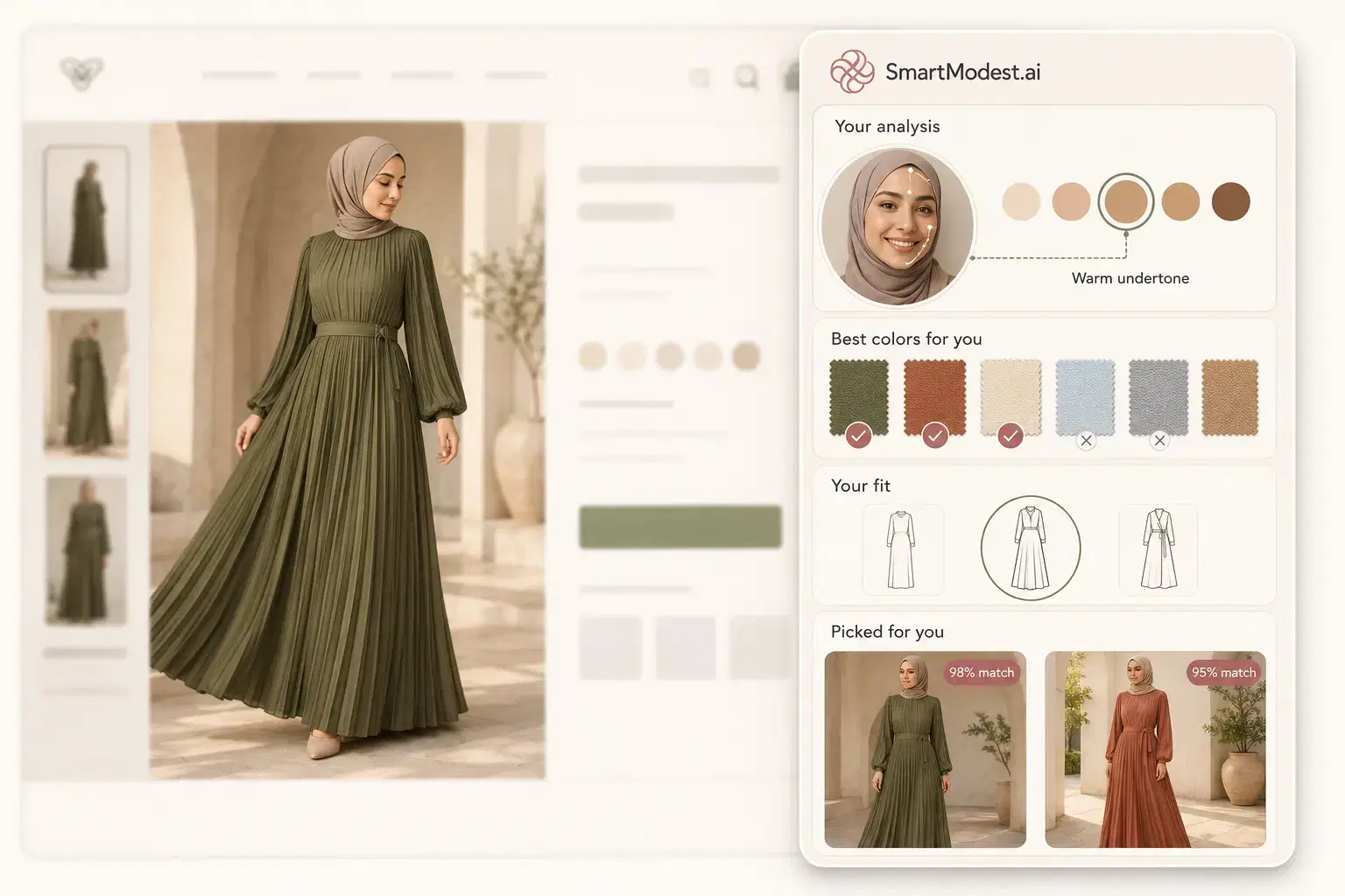 SmartModest.ai widget analyzing a shopper's selfie to detect her warm undertone, showing matched color swatches, fit silhouettes, and recommended modest outfits.