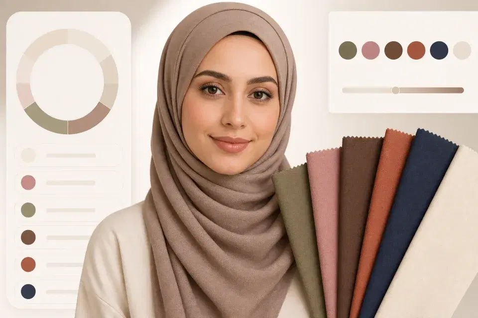 Original SmartModest.ai shade-analysis visual with a shopper and fabric palette